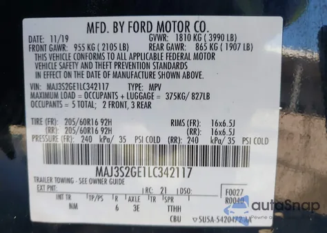 2020 Ford Ecosport Se z USA, uszkodzony, nr VIN MAJ3S2GE1LC342117